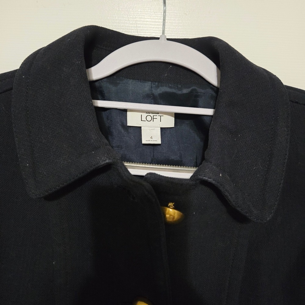 Ann Taylor Loft Womens Black Military Style Coat Gold Chain Button Size 4 - Picture 2 of 8